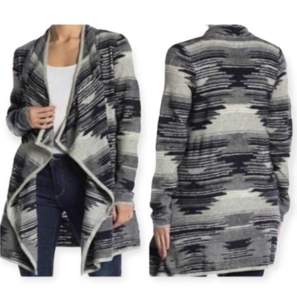 LUCKY BRAND Aztec Print Marled Knit Drape Front Waterfall Cardigan Navy Size M - Picture 1 of 12